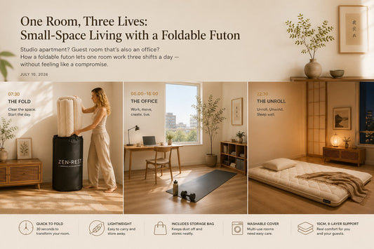 One room, three lives — small-space living with a foldable futon