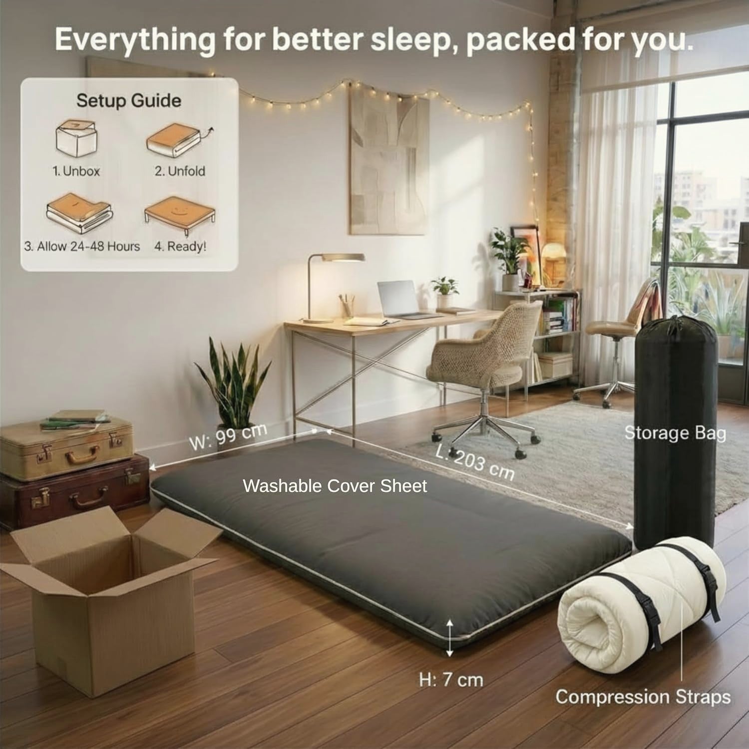 A Zen.Rest floor futon set up in a modern room