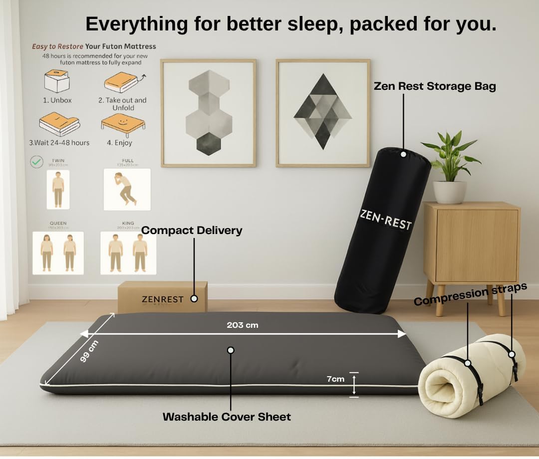 Zen.Rest Japanese Futon Mattress with Portable Storage Bag, Foldable Roll Up, Thick Tatami Mat,Floor Lounger Bed, Seven Layer Memory Foam, Floor Mattress Guest Sleeping Pad (Twin)