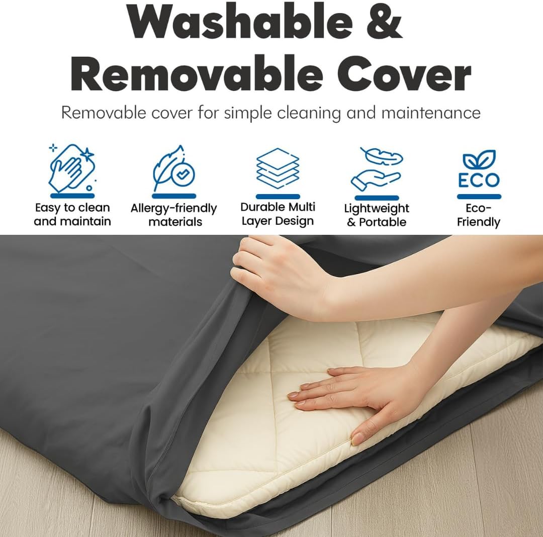 Zen.Rest Japanese Futon Mattress with Portable Storage Bag, Foldable Roll Up, Thick Tatami Mat,Floor Lounger Bed, Seven Layer Memory Foam, Floor Mattress Guest Sleeping Pad (Full)