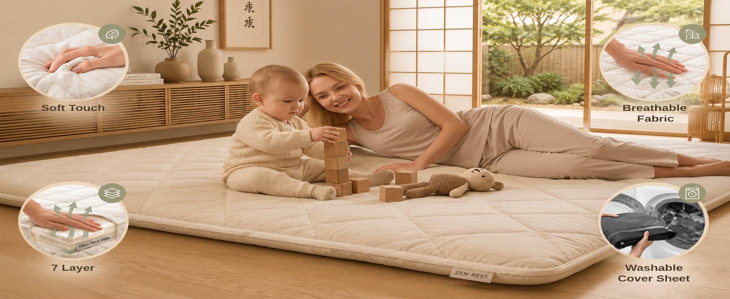 Soft touch breathable futon mattress - mother and baby playing on the floor bed