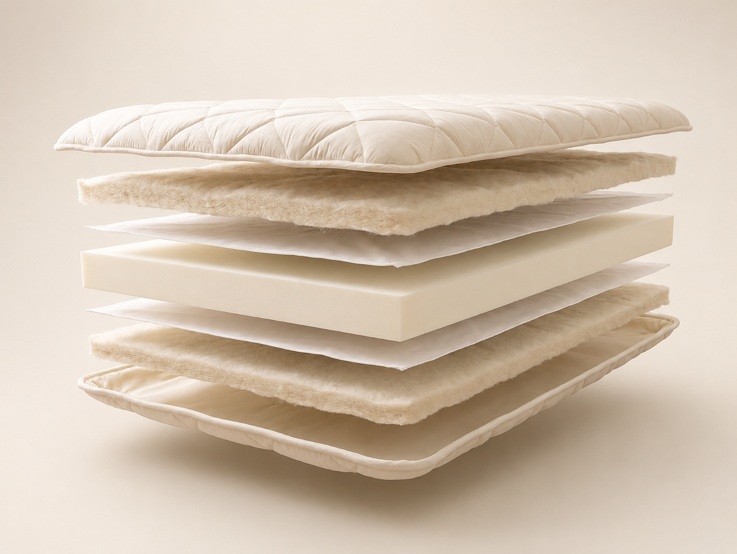 Exploded view of the 7-layer construction with cotton, memory foam and breathable fabric layers