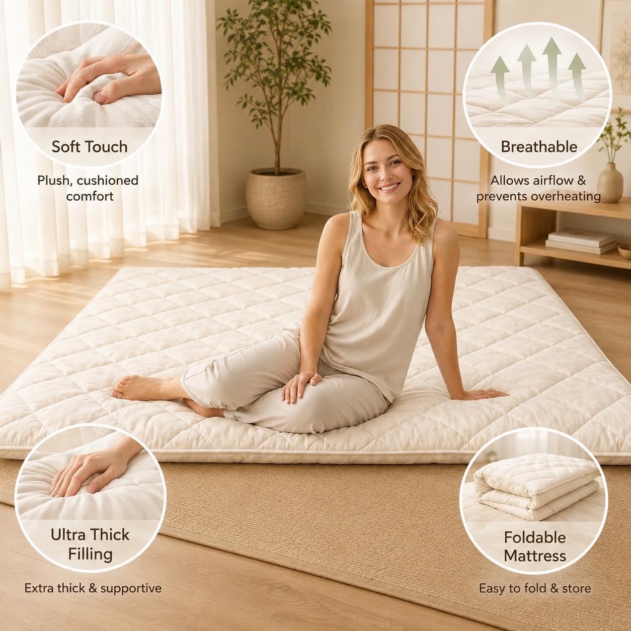 Soft touch, breathable, ultra thick filling and foldable design