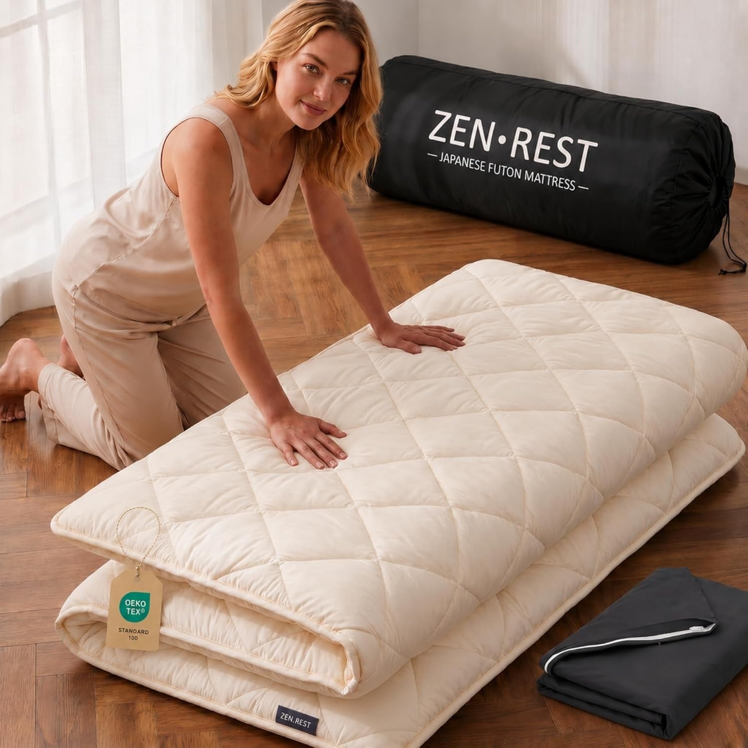Zen.Rest 7-layer Japanese futon folded, with black storage bag, washable cover sheet and OEKO-TEX tag