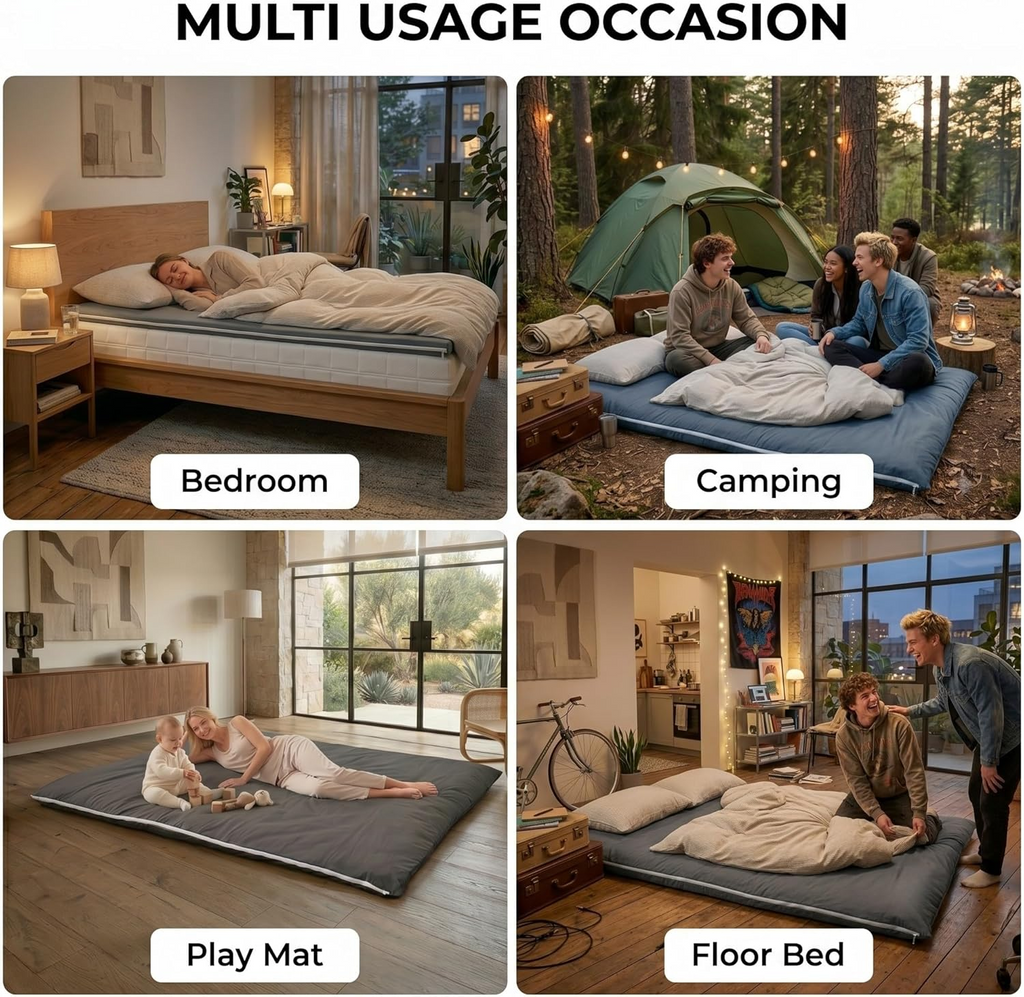 Multi usage occasions: bedroom, camping, play mat and floor bed