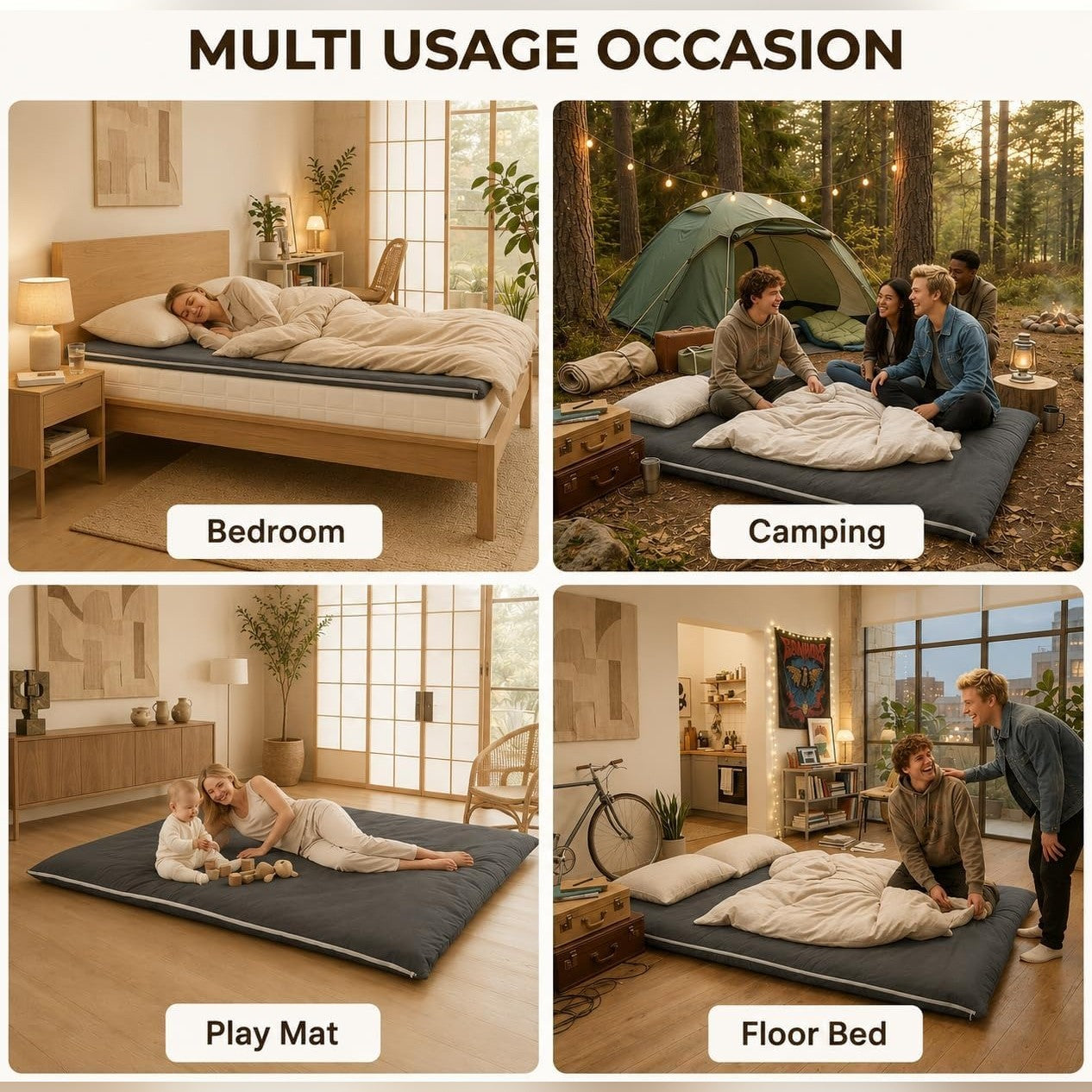 Multi usage occasions — bedroom, camping, play mat and floor bed
