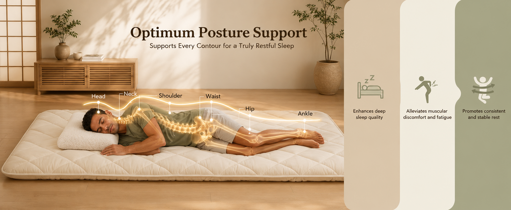 Optimum posture support - 7-layer futon aligns head, neck, shoulder, waist, hip and ankle