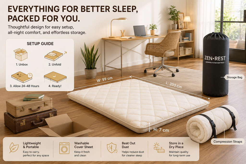 Setup guide and dimensions of the 7-layer futon mattress: 99 x 203 x 7 cm