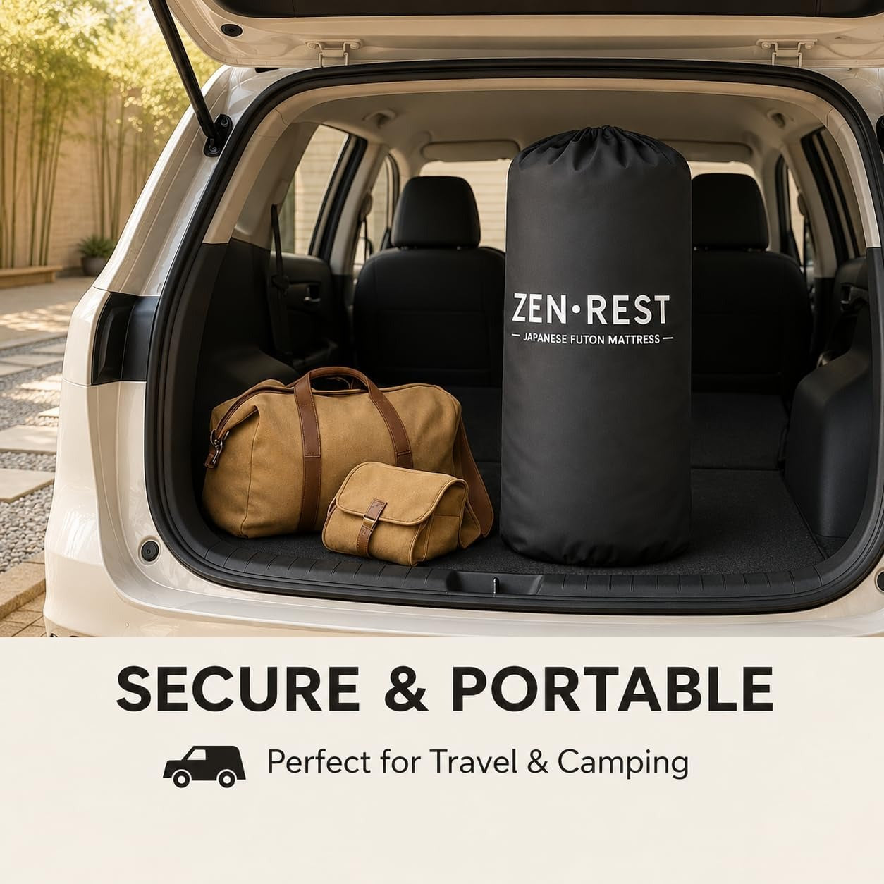 Secure and portable — futon packed in its storage bag in a car trunk