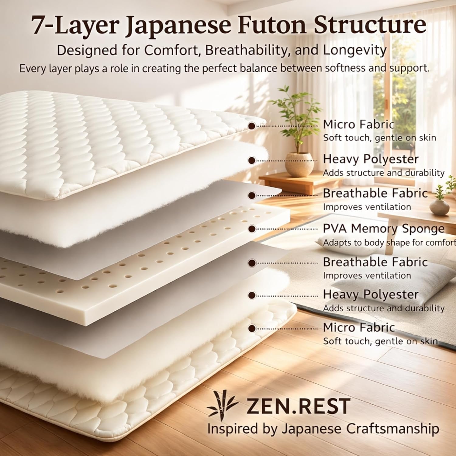 7-layer Japanese futon structure — micro fabric, heavy polyester, breathable fabric and PVA memory sponge layers