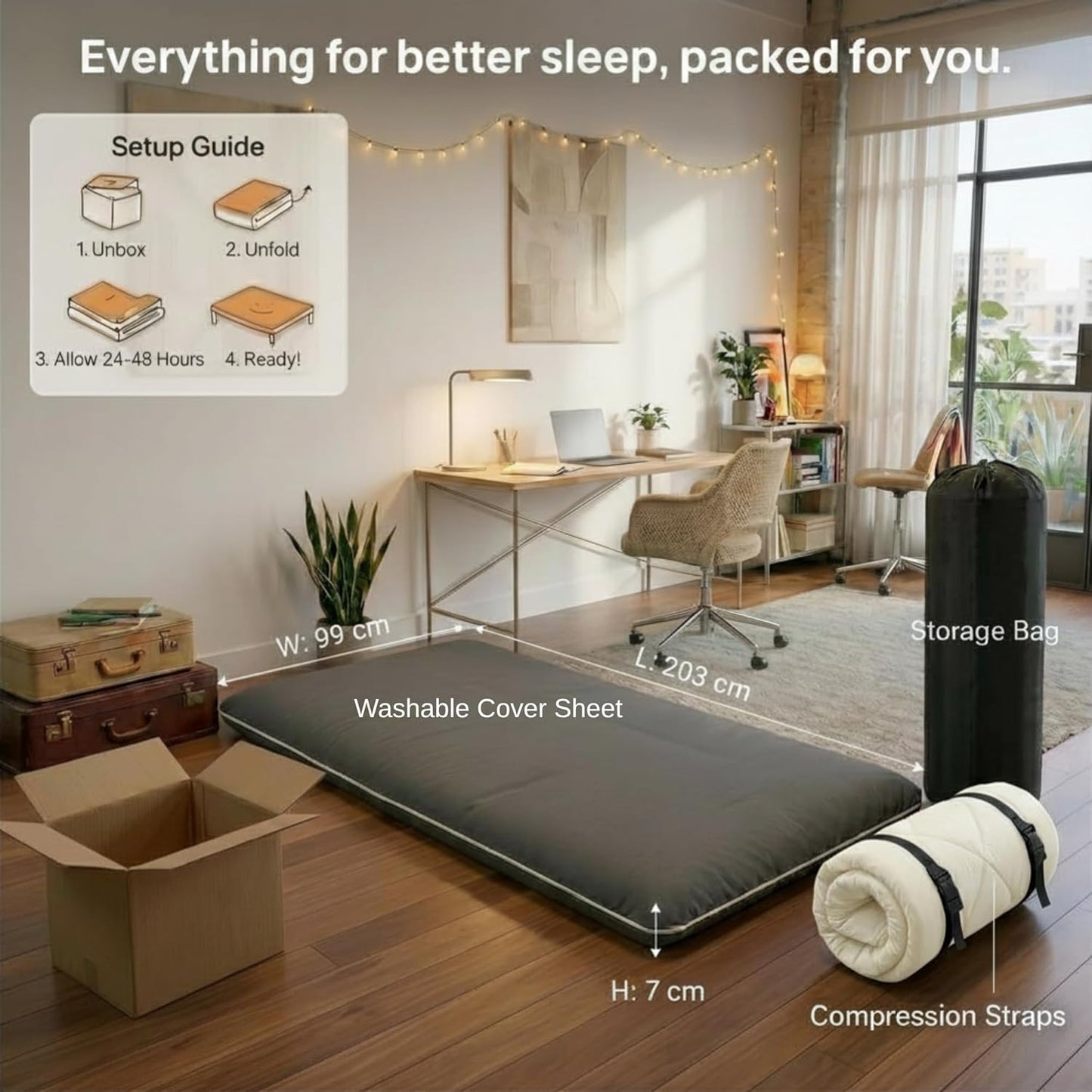 Everything included with setup guide — 99 × 203 × 7 cm futon, washable cover sheet, storage bag, compression straps