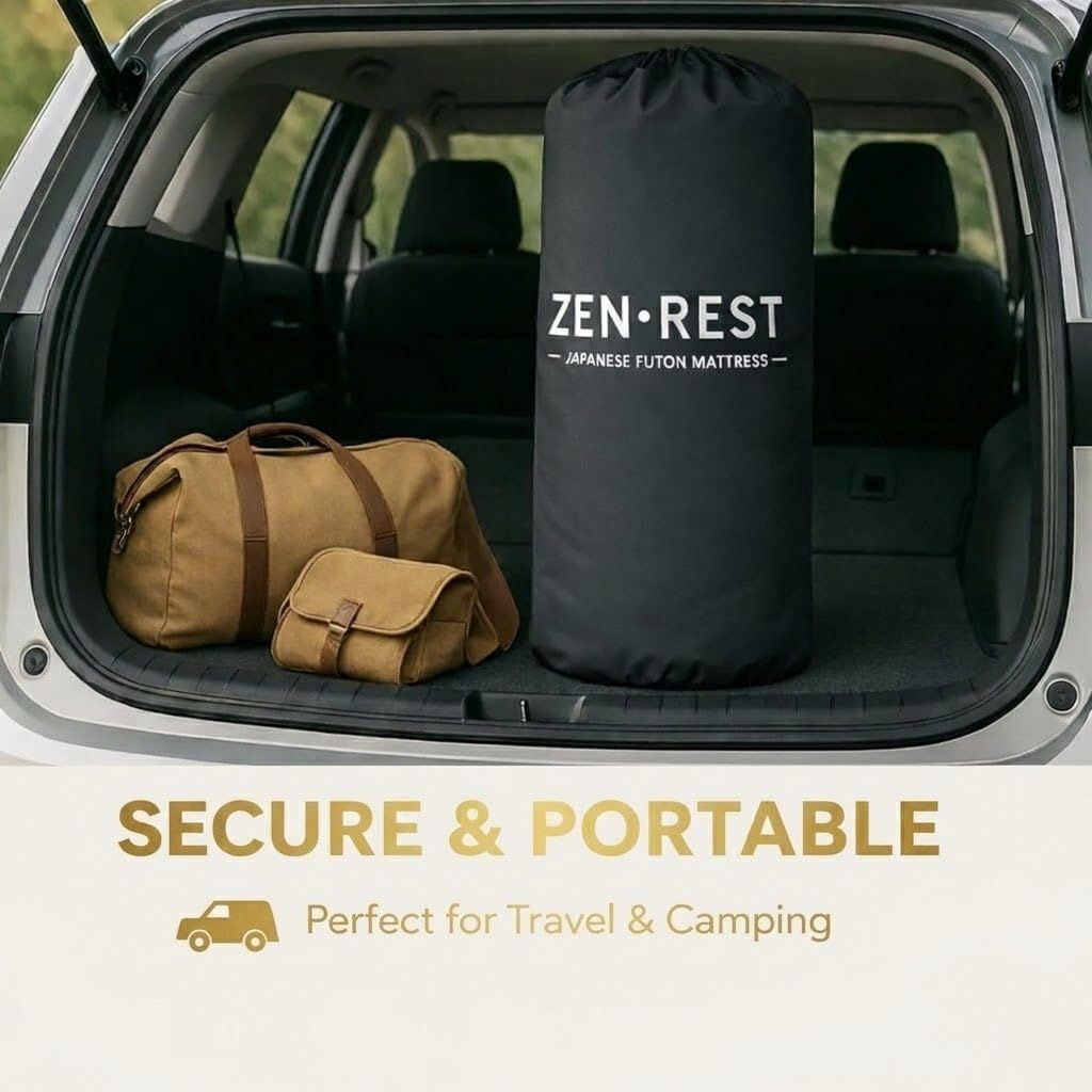 Zen.Rest 9-layer futon in portable storage bag in a car trunk - perfect for travel and camping