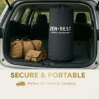 Zen.Rest 9-layer futon in portable storage bag in a car trunk - perfect for travel and camping