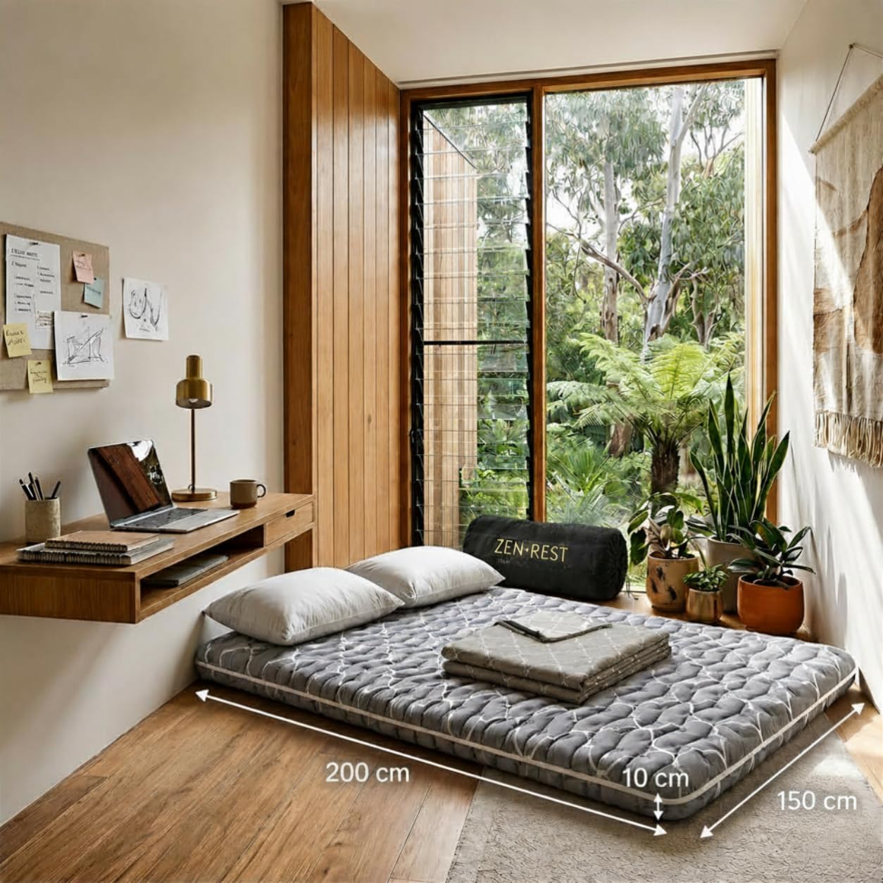 9-layer futon mattress queen size 150 x 200 x 10 cm in a modern bedroom