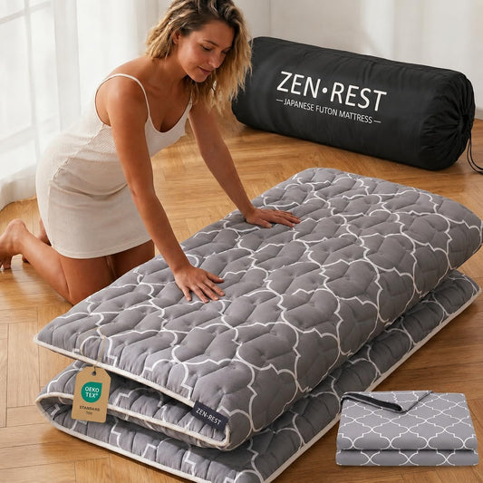 Zen.Rest 9-layer extra-thick grey Japanese futon mattress with OEKO-TEX label and storage bag