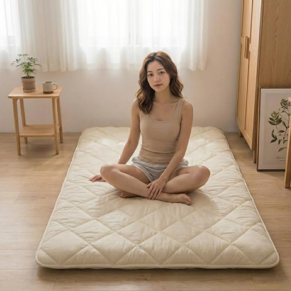 Zen.Rest Japanese Futon Mattress with Portable Storage Bag, Foldable Roll Up, Thick Tatami Mat,Floor Lounger Bed, Seven Layer Memory Foam, Floor Mattress Guest Sleeping Pad (Full)