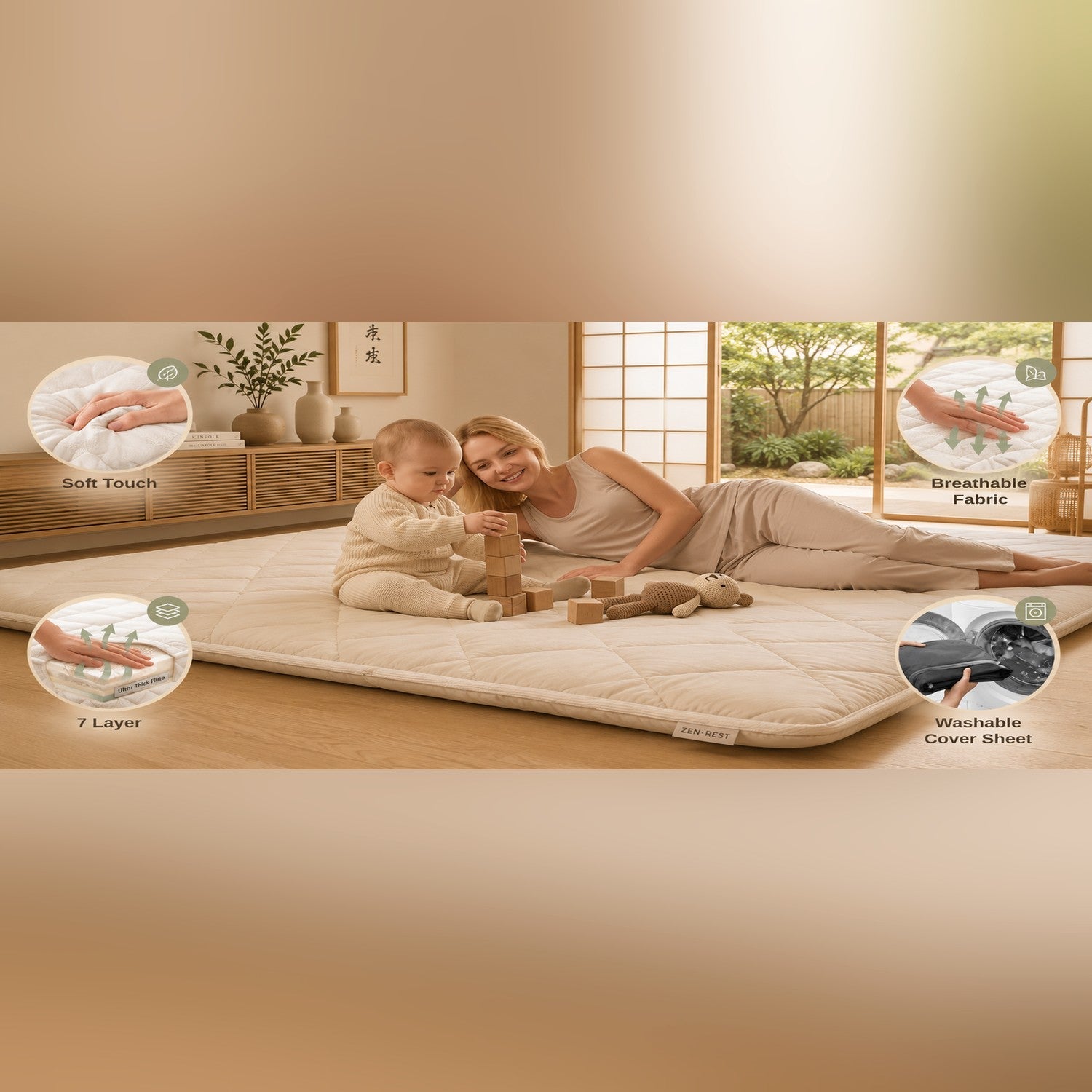Soft breathable futon — family playing on the floor bed