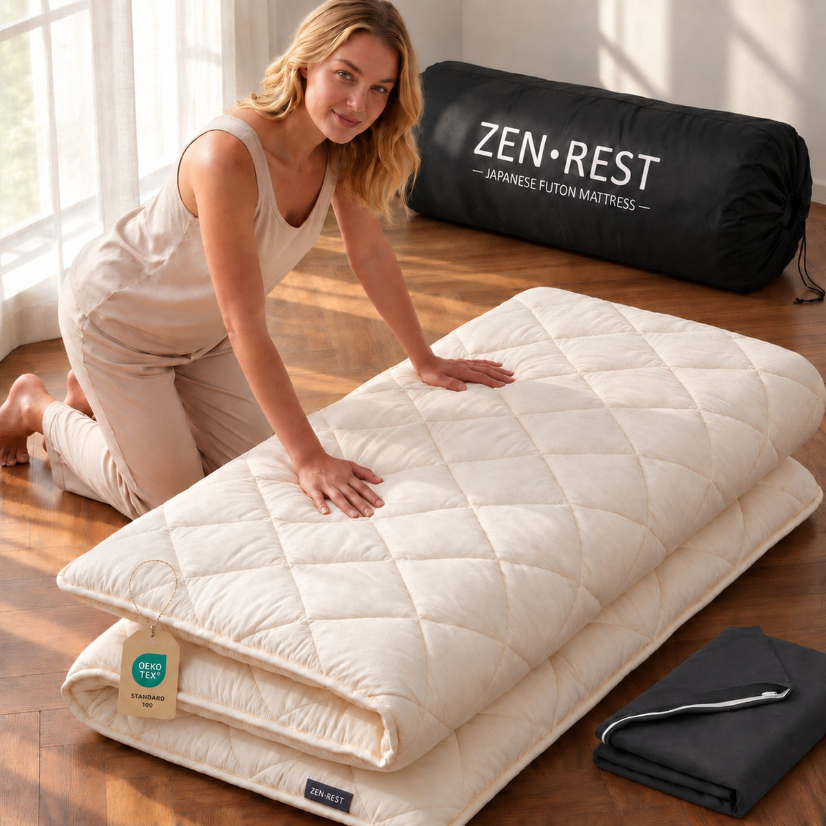 Zen.Rest 7-layer Japanese futon mattress, cream, folded with black storage bag and OEKO-TEX tag