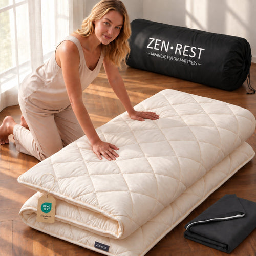 Zen.Rest 7-layer Japanese futon mattress, cream, folded with black storage bag and OEKO-TEX tag