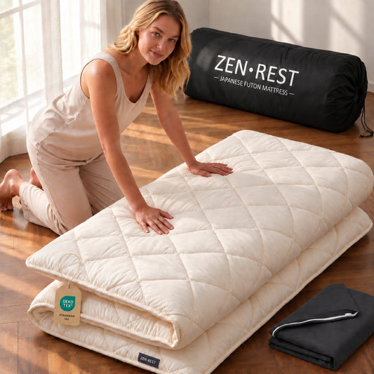 Zen.Rest 7-layer Japanese futon mattress, cream, folded with black storage bag and OEKO-TEX tag