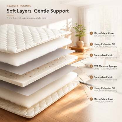 7-layer futon structure: soft layers and gentle support