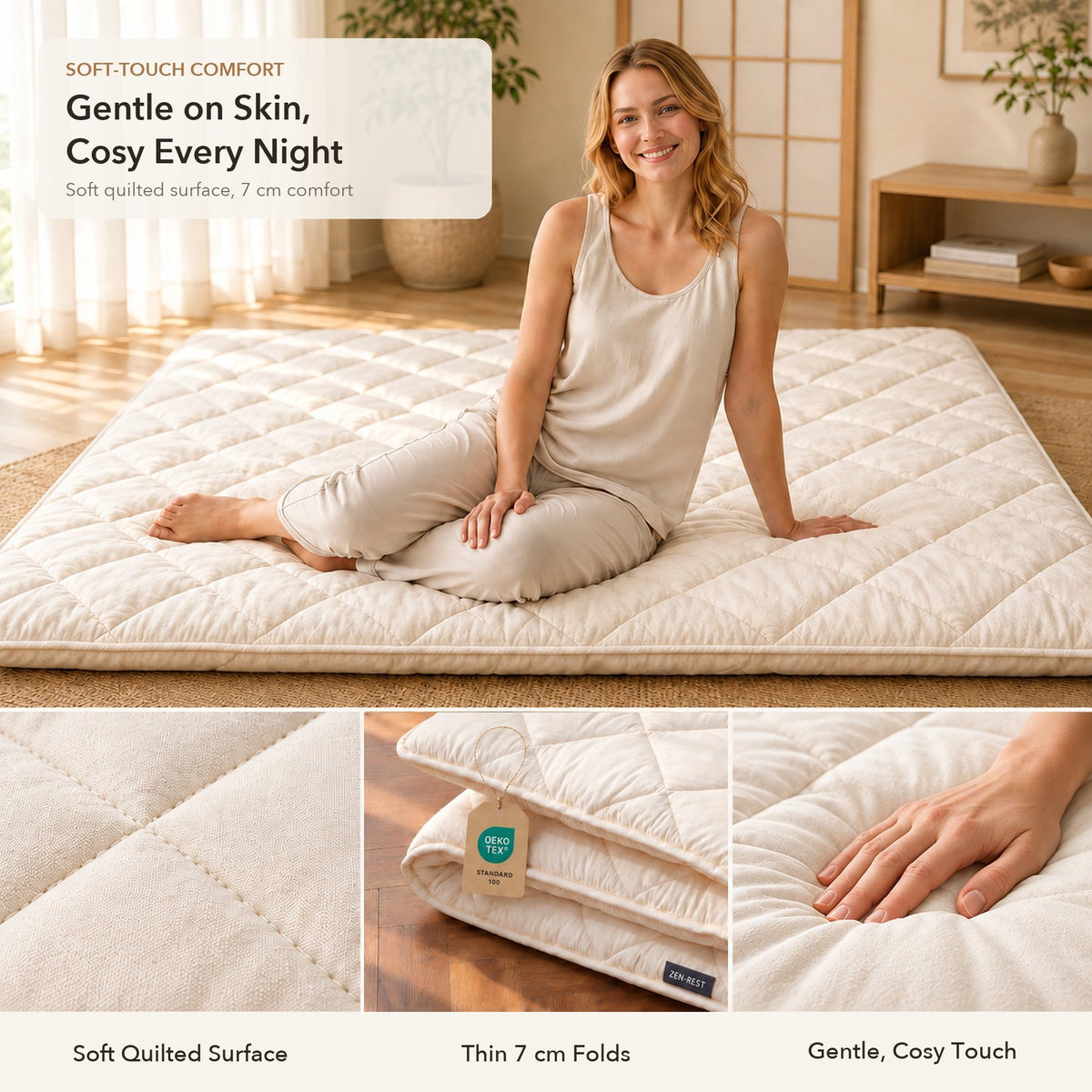 7-layer futon soft quilted surface, gentle on skin