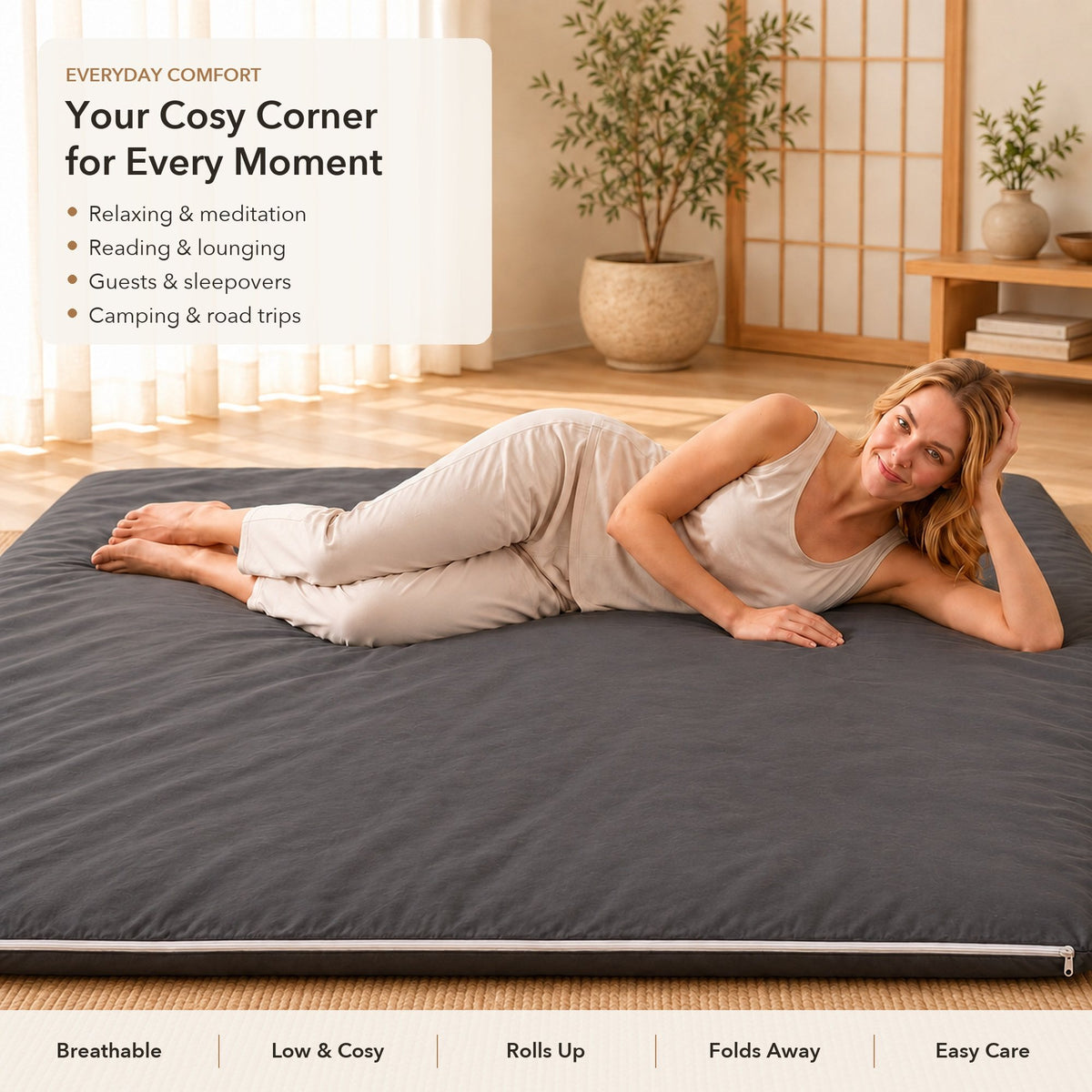 7-layer futon as a cosy floor bed in a calm room