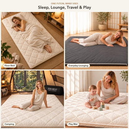7-layer futon uses: sleep, lounge, travel and play