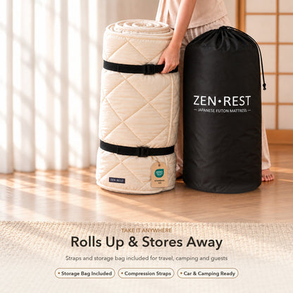 7-layer futon rolled up with straps next to its storage bag