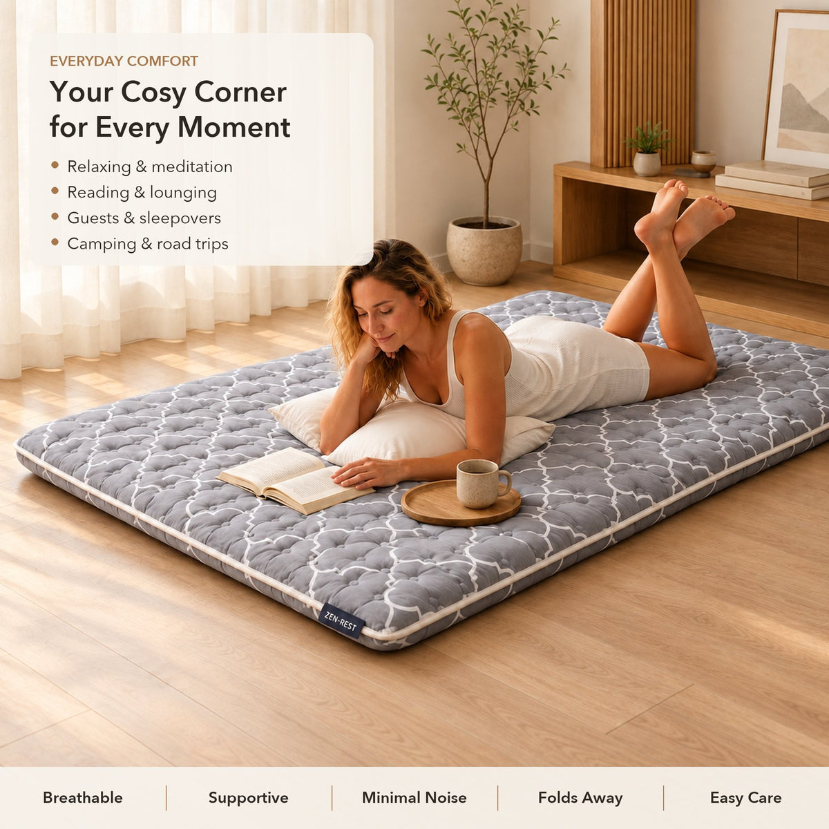 9-layer futon as a cosy reading corner on the floor
