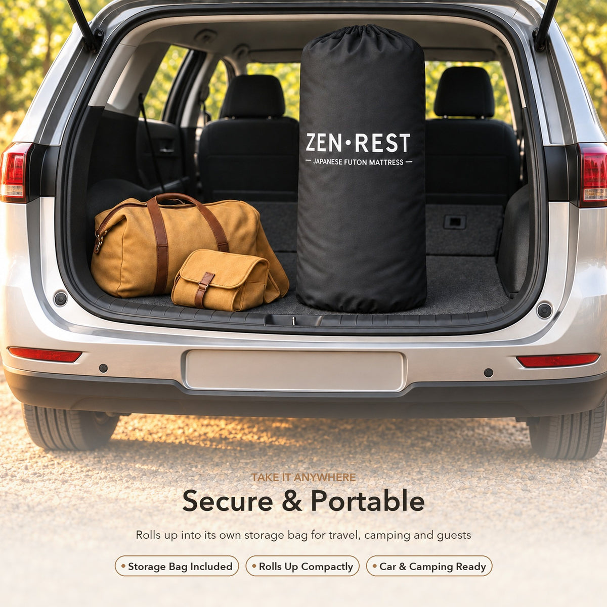 9-layer futon packed in its storage bag in a car boot